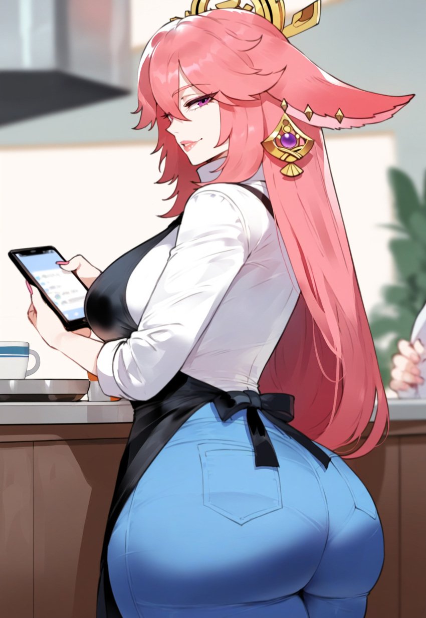 1girls ai_generated animal_ears apron ass ass_bigger_than_head ass_focus cooking earrings eyebrows eyebrows_visible_through_hair eyelashes female female_focus female_only genshin_impact hair hair_ornament hi_res housewife imminent_anal imminent_fellatio imminent_oral imminent_penetration imminent_sex imminent_vaginal jeans jewelry large_ass large_breasts large_butt large_thighs long_hair looking_at_viewer looking_back mature_female milf miyuai nai_diffusion on_phone paag parted_lips pawg phone phone_screen pink_eyes pink_hair pov pov_eye_contact solo solo_female solo_focus stable_diffusion thiccwithaq_(ai_style) thick thick_ass thick_butt thick_hips thick_legs thick_thighs wide_hips yae_miko