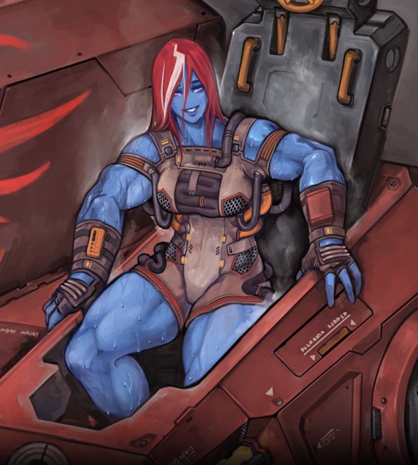 2024 alien_girl alternate_version_at_source armpitcore420 battlemech battletech blue_skin blue_skinned_female breasts clothed_female cockpit commission cropped crossover feet_out_of_frame female fingerless_gloves four_fingers hunchback_(battlemech) long_hair mech mechwarrior muscular_arms muscular_female no_sex purple_eyes red_hair smile steam streaked_hair sweat tagme tau thick_thighs warhammer_(franchise) warhammer_40k