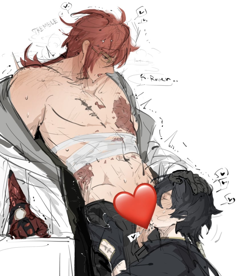 <3 bishonen black_hair blowjob blush blushing clothed clothing english english_text gay ggguoee glasses grabbing_head heavily_censored holding_head male/male male_only male_rover_(wuthering_waves) mortefi_(wuthering_waves) red_hair rover_(wuthering_waves) skinny text text_bubble twitching wuthering_waves yaoi