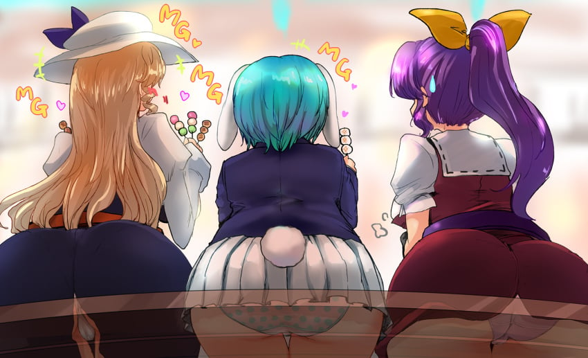 3girls ass blonde_hair blue_dress blue_hair dango from_behind hairbow hat kameido-san long_hair on_bench panties pinafore_dress polka_dot_panties ponytail purple_hair rabbit_ears rabbit_tail red_dress reisen short_hair sitting skirt touhou watatsuki_no_toyohime watatsuki_no_yorihime