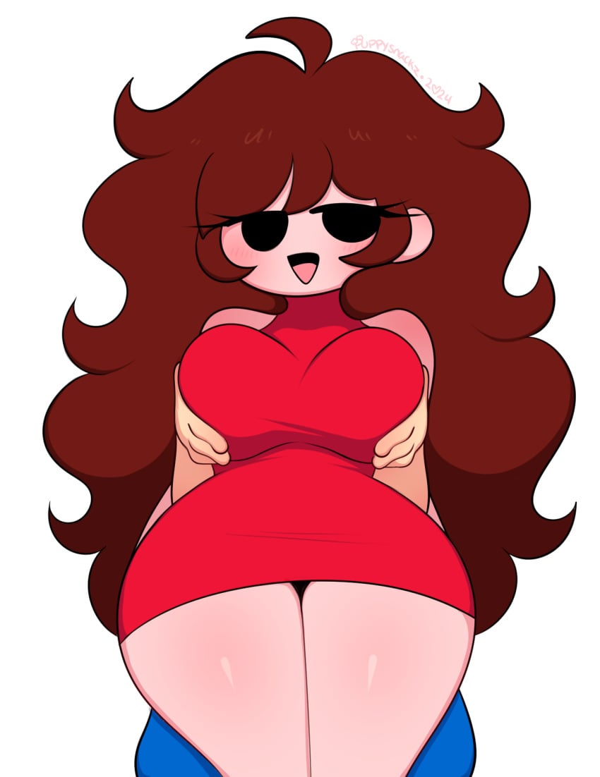 1boy 1girls :d big_breasts big_butt big_thighs boyfriend_(friday_night_funkin) brown_hair female friday_night_funkin girlfriend_(friday_night_funkin) happy holding_breasts ilovefuud male puppysnackz red_dress sillysmugz thick_thighs