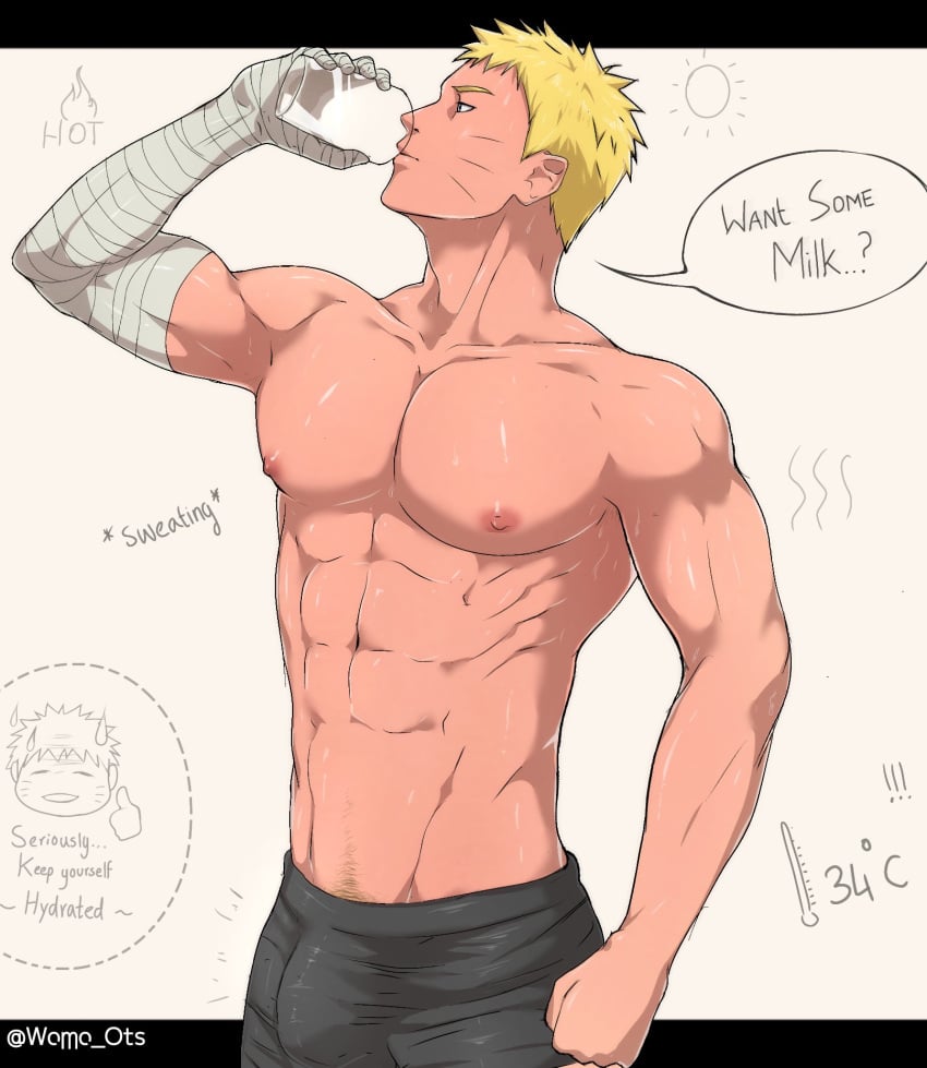 1boy abs bara bare_pectorals blonde_hair blue_eyes boxers_(clothing) gay male male_focus male_only naruto naruto_(series) naruto_shippuden nipples nude solo uzumaki_naruto womo_ots yaoi