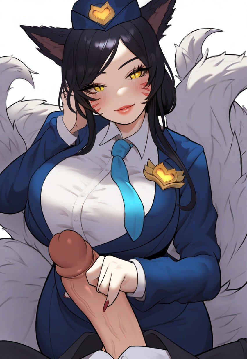 1boy 1girls ahri ai_generated alternate_costume black_hair flight_attendant fox_ears fox_girl fully_clothed handjob hat league_of_legends lipstick multiple_tails nai_diffusion pov riot_games stable_diffusion straight tails vastaya whisker_markings yellow_eyes