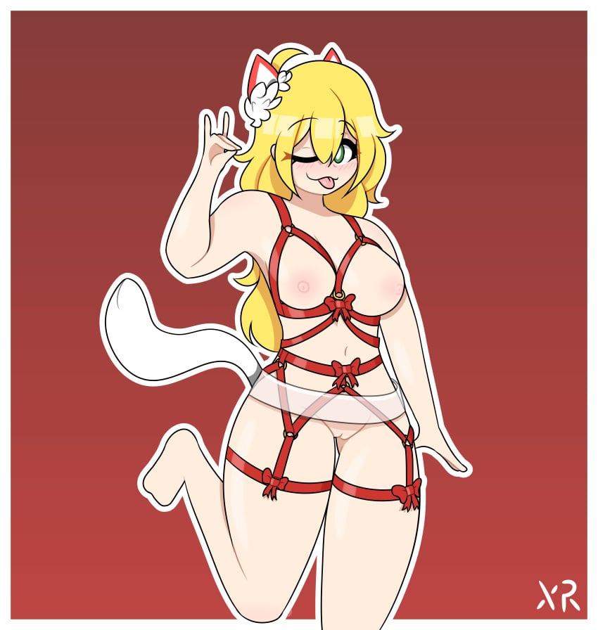 blonde_hair fox_ears fox_hand_sign fox_tail green_eyes imxr24 lingerie original_character red_lingerie ribbons simple_background standing_on_one_leg tongue_out uncensored white_border wink