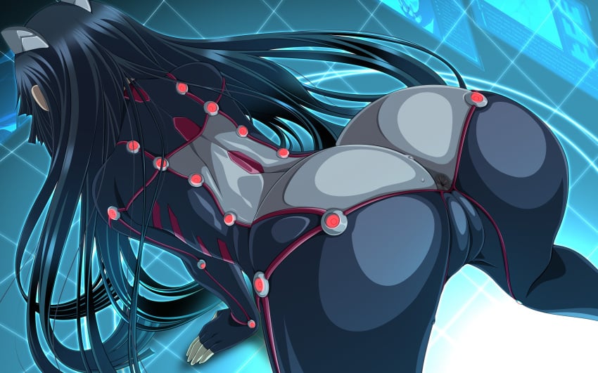 absurdres all_fours aoi_nagisa_(metalder) ass big_ass black_hair bodysuit cameltoe commentary_request female from_behind grid guilty_crown headgear highres hime_cut impossible_bodysuit impossible_clothes long_hair skin_tight solo tsugumi_(guilty_crown) very_long_hair