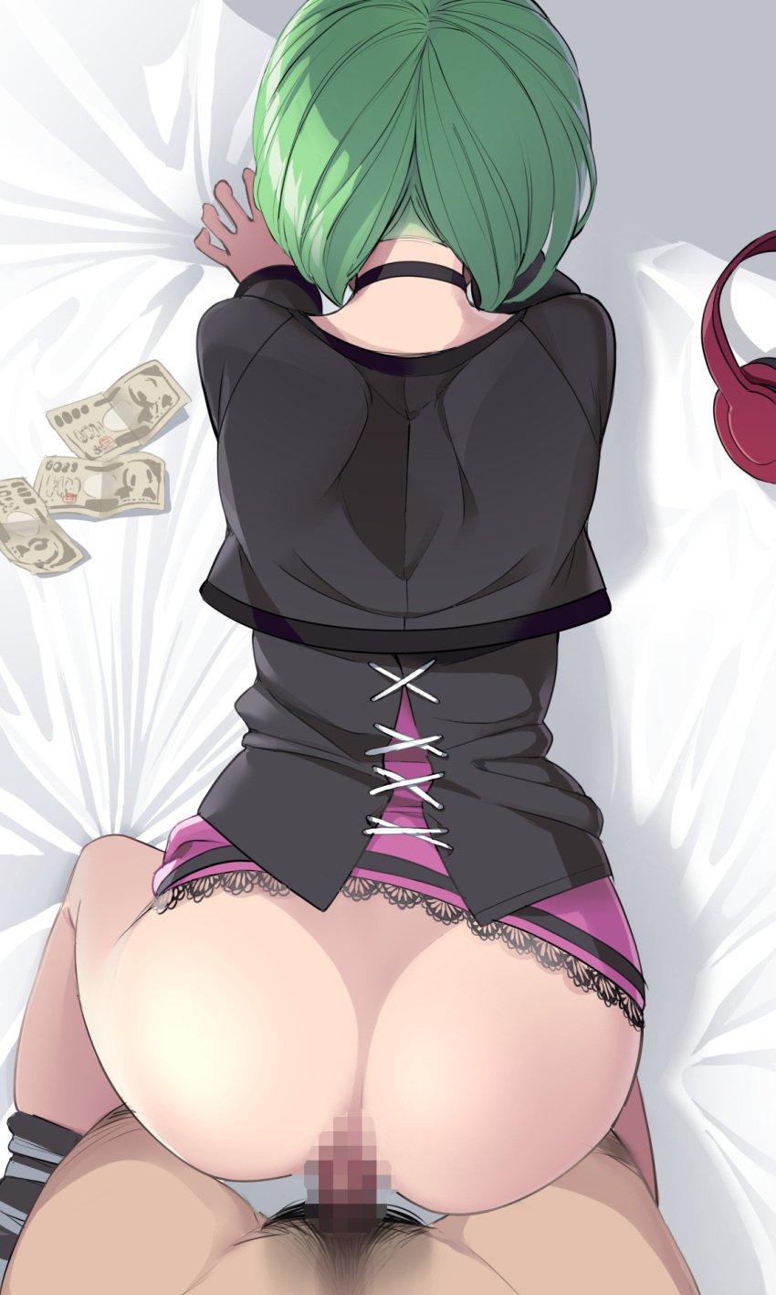 1boy censored choker cropped_jacket doggy_style female green_hair headphones highres money on_bed phonon phonon_(under_night_in-birth) pov sex sex_from_behind short_hair teenager touniyuu under_night_in-birth