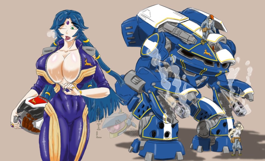 2023 battlemech battletech blue_hair buxom commission female female_focus forehead_jewel gold_trim green_eyes helmet huge_breasts human jarom_c_swenson king_crab_(battlemech) mech mecha mechwarrior original_character signature skintight steam sweat tagme tongue_out watermark