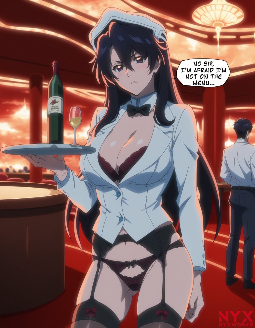 1girls 2d ai_generated bambietta_basterbine black_lingerie bleach bleach:_the_thousand-year_blood_war casino lingerie nyxworks solo solo_focus thighhighs tray waitress