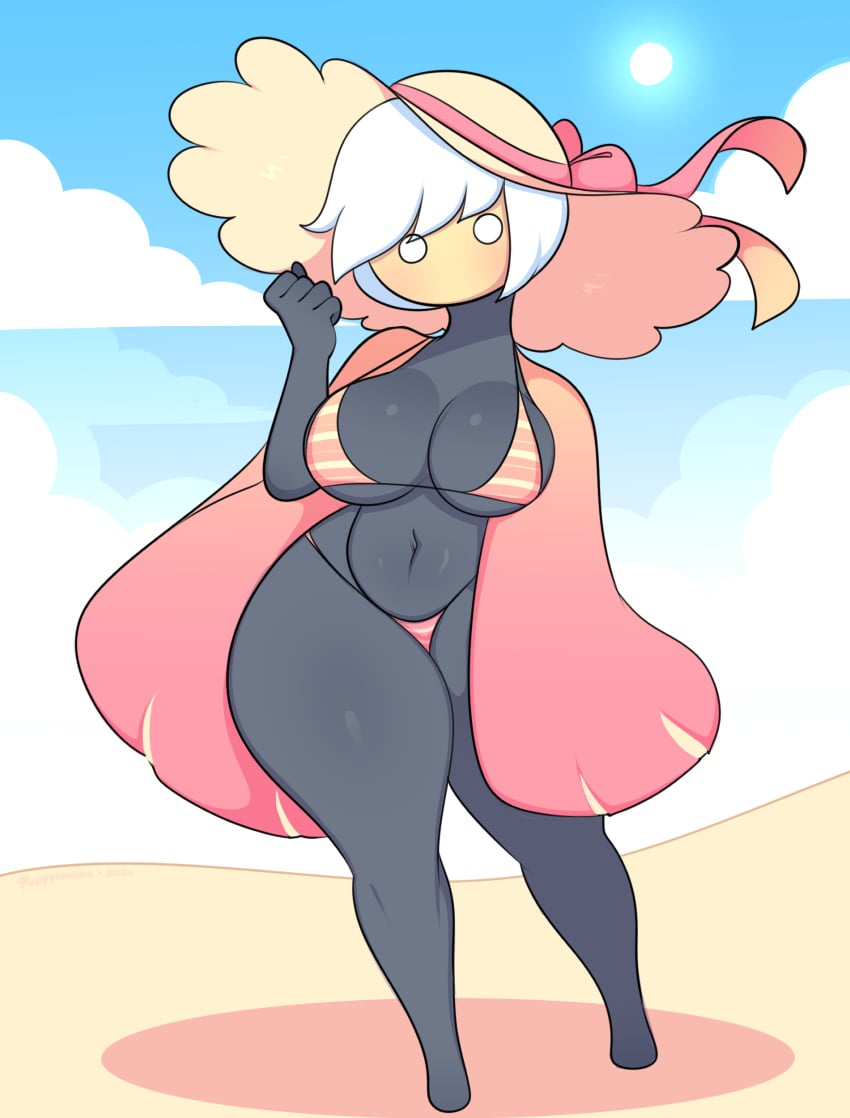 beach big_ass big_breasts bikini cute gray_body hi_res ilovefuud mask masked masked_female navel o_o puppysnackz sillysmugz sky_children_of_the_light skydult sun_hat thick_thighs white_eyes white_skin