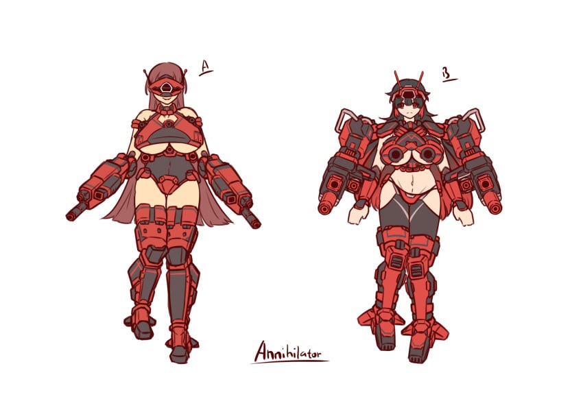 2024 annihilator_(battlemech) armored_female battlemech battletech big_breasts black_hair concept_art female long_hair mech mecha mechagirl mechwarrior midriff red_eyes red_hair shikai_(artist) tagme thick_thighs underboob underboob_cutout