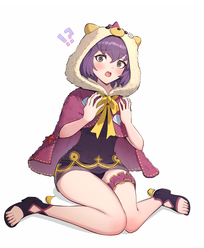 !? 1girls :o absurdres alternate_costume animal_hood bear_hood bernadetta_von_varley bernadetta_von_varley_(summer) bikini black_bikini black_swimsuit blush bow bridal_garter cape female female_only fire_emblem fire_emblem:_three_houses fire_emblem_heroes gonzarez grey_eyes highres hood hooded_cape looking_at_viewer nail_polish nintendo official_alternate_costume open_mouth pink_nails purple_cape purple_hair sandals simple_background solo swimsuit thighs toenail_polish toenails white_background yellow_bow