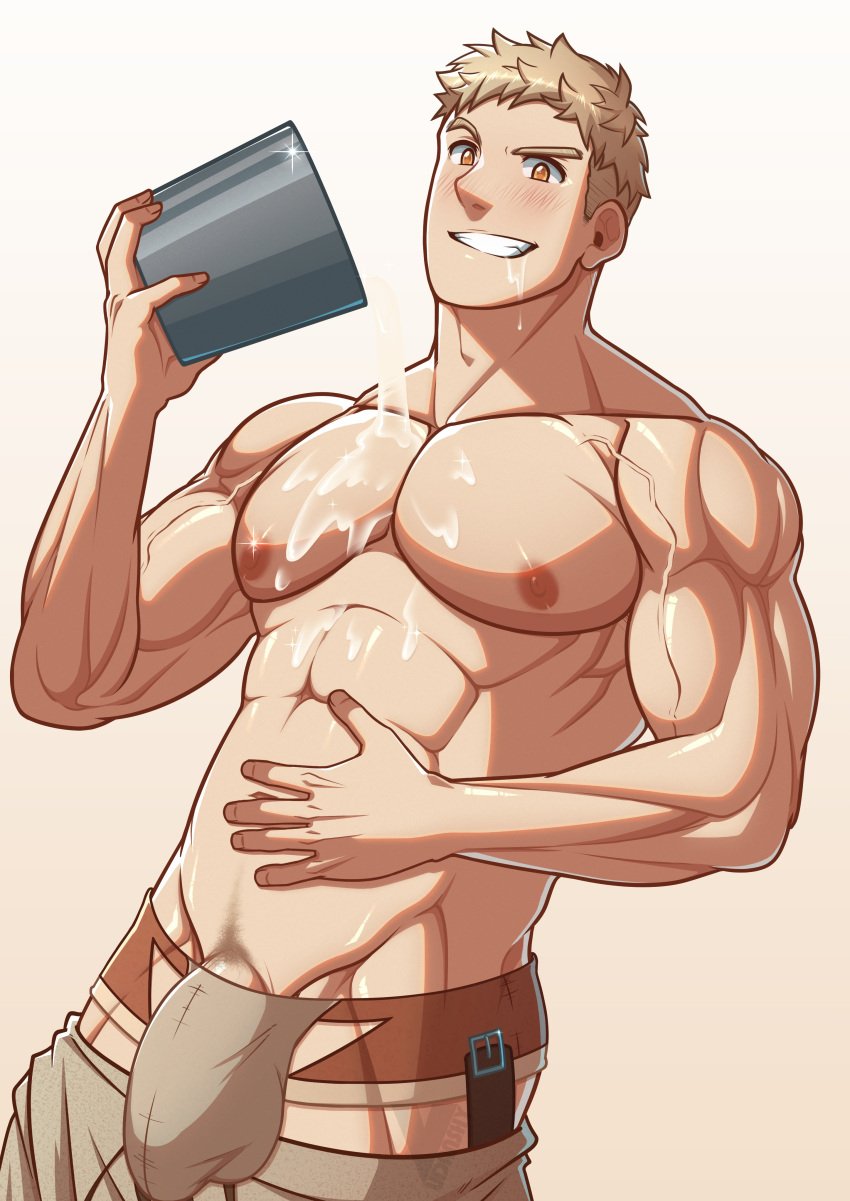 1boy abs balls_under_clothes bara biceps big_bulge blonde_hair blush bulge bulge_through_clothing delicious_in_dungeon dungeon_meshi laios_touden male male_nipples male_only muscular_male nipples pecs penis penis_outline penis_under_clothes underwear vudanshy