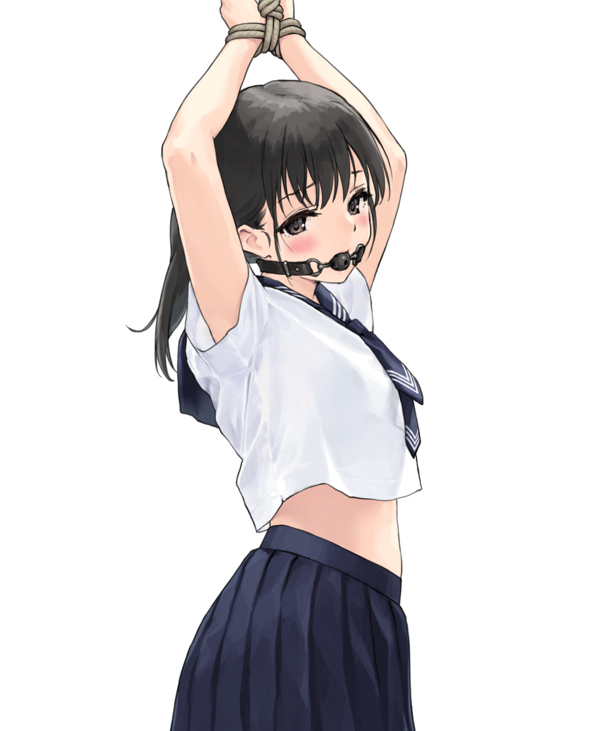 1girl 1girls ball_gag black_eyes black_hair blush bondage gag gagged gagging hands_over_head japanese_girl rope rope_bondage sailor_uniform school_uniform schoolgirl schoolgirl_uniform tie tied tied_hair tied_hands tied_up unknown_artist white_background