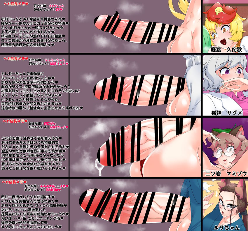 4futas big_balls big_penis censored dickgirl futa_only futanari huge_penis humanoid_penis kutaka_niwatari mamizou_futatsuiwa multiple_penises original original_character penis penis_chart penis_size_chart sagume_kishin testicles text toro_saamonn touhou translation_request