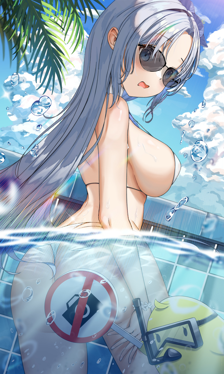 1animal 1girls absurdres alsace_(azur_lane) alsace_(heat-beating_summer_sacrament)_(azur_lane) ass azur_lane bare_shoulders bikini bird blue_eyes blue_hair blue_sky blush breasts chick cloud cowboy_shot day detached_collar female female_only flower hair_flower hair_ornament highres holding holding_sign iris_libre_(azur_lane) large_breasts light-skinned_female light_skin long_hair looking_at_viewer manjuu_(azur_lane) multi-strapped_bikini_bottom official_alternate_costume open_mouth outdoors palm_leaf parted_bangs partially_submerged partially_underwater_shot pool sideboob sidelocks sign sky solo_focus sponge_rain standing sunglasses swimsuit thong_bikini underwater very_long_hair water water_drop white_bikini