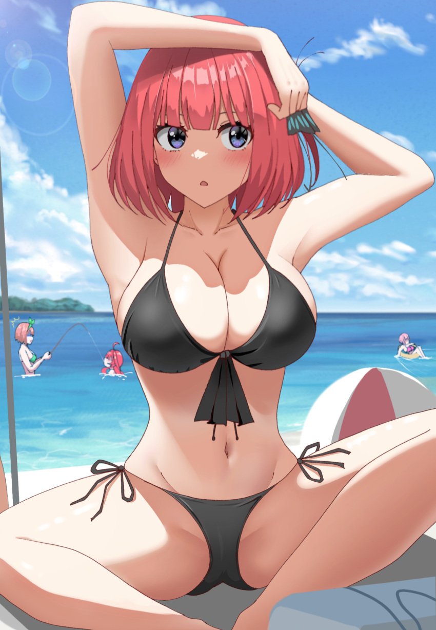 4girls arms_up ball beach beachball bikini black_bikini black_ribbon blue_eyes blue_sky breasts butterfly_hair_ornament cloud commentary day fishing_rod go-toubun_no_hanayome hair_ornament hair_ribbon hand_in_own_hair hands_in_hair highres large_breasts multiple_girls nakano_ichika nakano_itsuki nakano_nino nakano_yotsuba navel ocean orange_hair outdoors pink_hair poa_mellhen red_hair ribbon short_hair siblings side-tie_bikini_bottom sisters sitting sky solo_focus stomach swimsuit thighs tying_hair