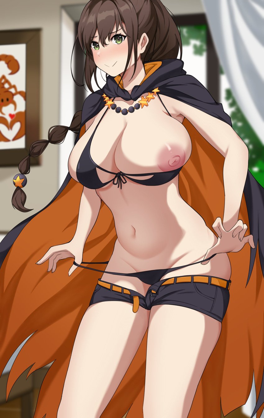 1girls abirdeer bikini bikini_bottom_aside blush breasts breasts_out brown_hair cape clothing_aside curtains green_eyes hair_between_eyes jewelry long_hair looking_at_viewer necklace nipples panties panty_pull ponytail re:zero_kara_hajimeru_isekai_seikatsu red_pupils scorpion scorpion_tail shaula_(re:zero) short_shorts shorts smile swimsuit tail thick_thighs thighs tree underwear undressing wide_hips window