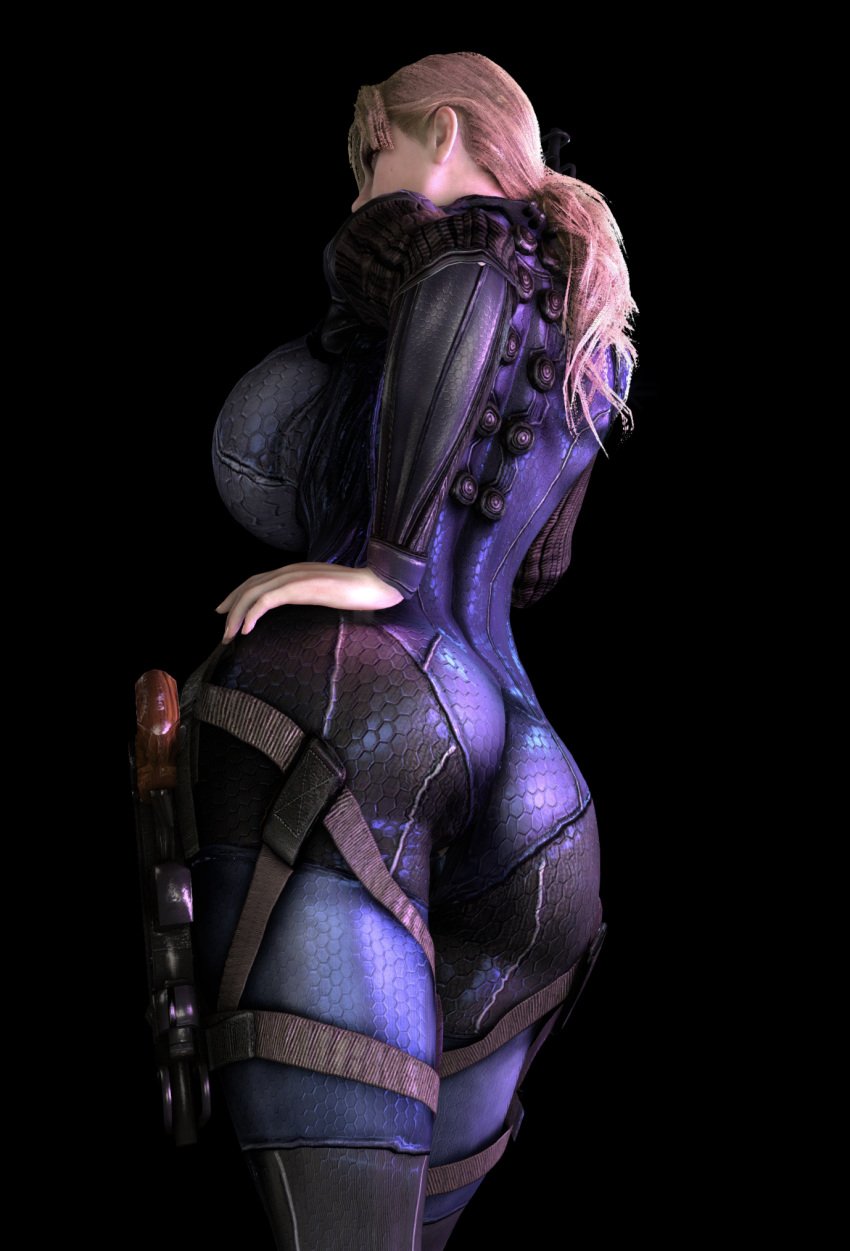 1girls 3d 3d_(artwork) alternate_ass_size alternate_breast_size ass back_view backboob big_ass big_breasts black_bodysuit blonde_hair bodysuit breasts breasts_bigger_than_head cleavage clothed clothed_female dat_ass female female_only female_solo gun hair_over_one_eye hand_on_hip hand_on_own_hip high_resolution highres hips holding_gun holding_object holding_weapon hourglass_figure huge_breasts human human_female human_only jill_valentine jill_valentine_(blonde) large_ass large_breasts long_hair ponytail resident_evil resident_evil_5 slim_waist small_waist solo solo_female thin_waist top_heavy top_heavy_breasts upper_body vaako wasp_waist weapon wide_hips