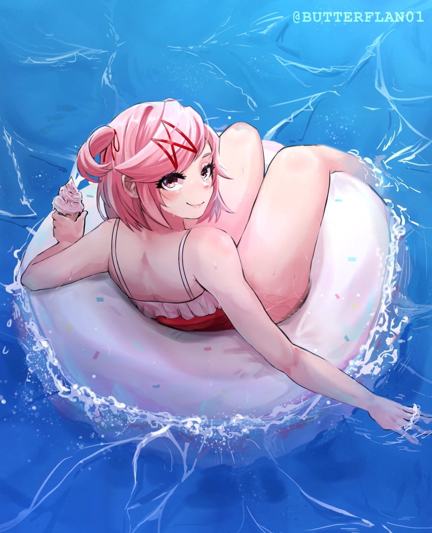 1female 1girls butterflan01 doki_doki_literature_club female female_focus female_only floatie food holding_food holding_ice_cream holding_ice_cream_cone ice_cream ice_cream_cone in_water natsuki_(doki_doki_literature_club) pink_eyes pink_hair solo solo_female solo_focus water