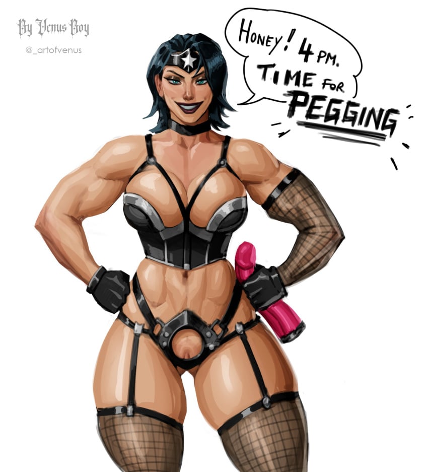 1girls biceps big_breasts black_hair breasts choker dc dc_comics diana_prince dildo english_text female female_only femdom fishnet_legwear fishnet_stockings fishnets gloves hands_on_hips holding_dildo justice_league looking_at_viewer muscular muscular_female pegging pussy smile smiling_at_viewer speech_bubble stockings strap-on thick_thighs venusboyart wonder_woman wonder_woman_(series)