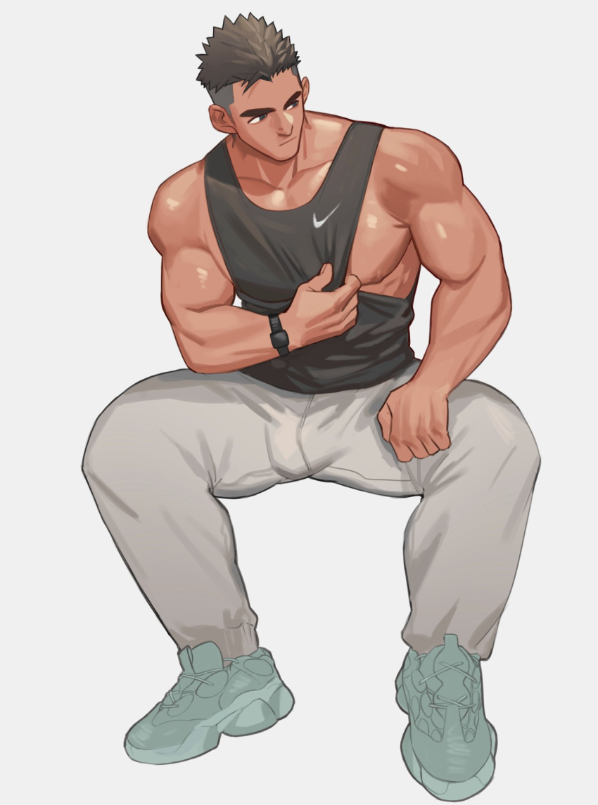 1boy bara bare_pectorals bulge lad large_pectorals male male_focus male_only muscular muscular_male original pants pectorals short_hair thick_eyebrows yaoi youchi123