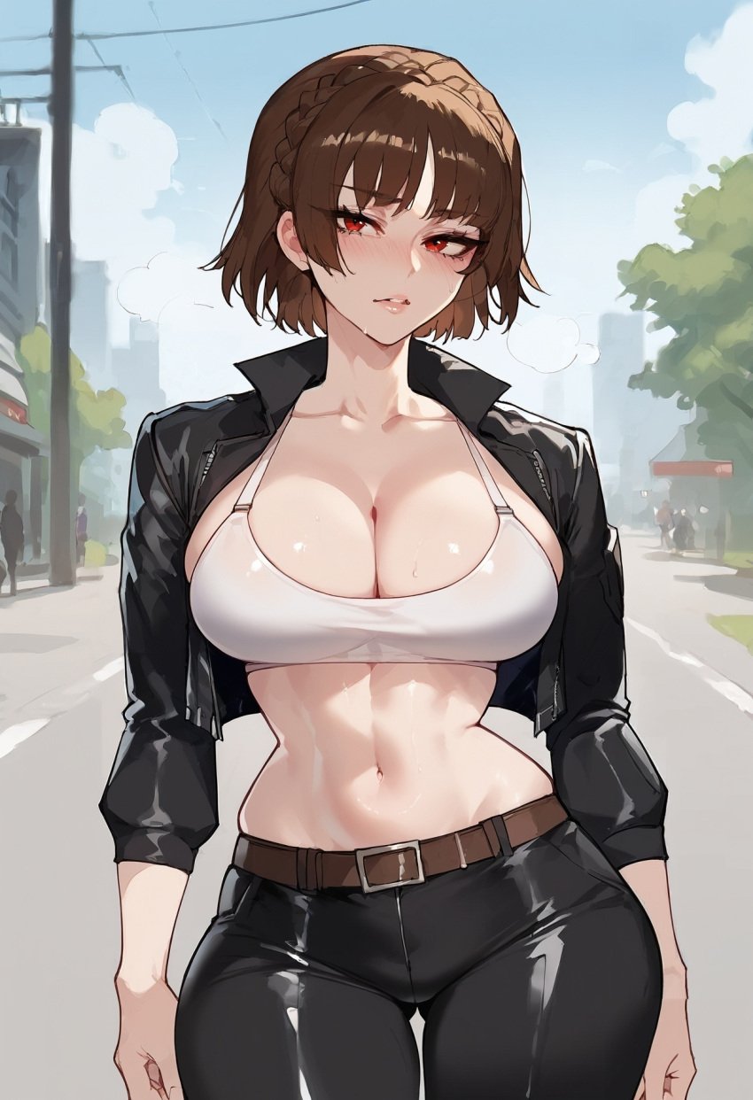 1girls ai_generated big_breasts blush brown_hair clothed clothing color female female_focus female_only floppydisc hi_res large_breasts light-skinned_female light_skin looking_at_viewer makoto_niijima no_bra persona persona_5 red_eyes short_hair solo solo_female tagme thick_thighs