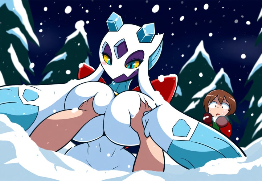 1boy 2boys ai_generated big_breasts breast_grab caught caught_in_the_act female froslass generation_4_pokemon grabbing groping human mullon novelai pokemon pokemon_(species) pokemon_dppt snow surprised