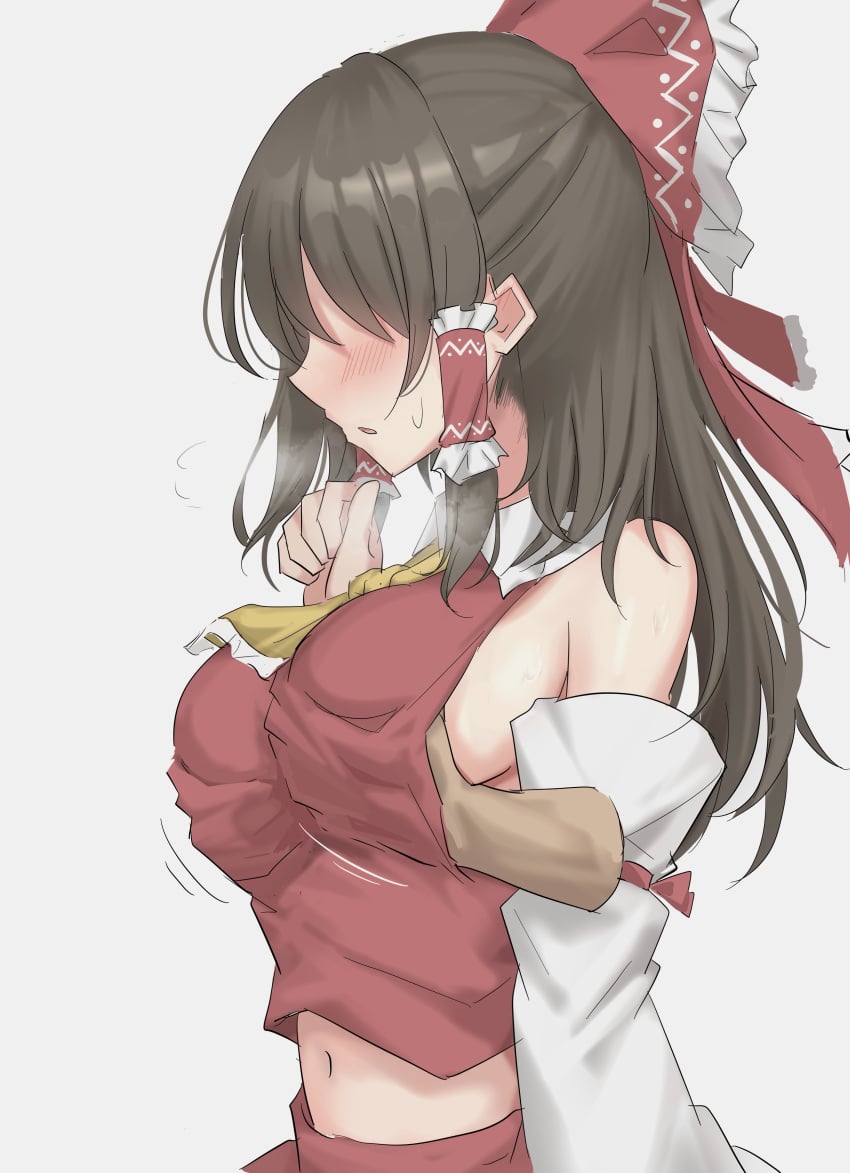 1girls ascot backboob blush bow breasts breath brown_hair collared_vest frilled_bow frilled_hair_tubes from_side grabbing grabbing_another's_breast grabbing_from_behind groping hair_tubes hairbow hakurei_reimu hand_under_clothes hand_up heavy_breathing highres long_hair long_sleeves medium_breasts open_mouth red_bow red_skirt red_vest reimu_hakurei sidelocks simple_background skirt solo steam sweat touhou upper_body white_background youmu-kun