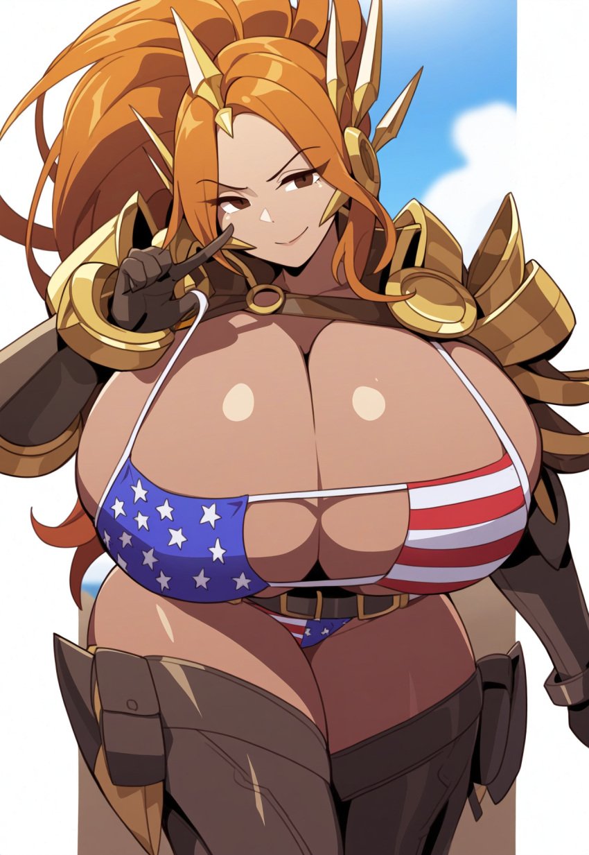 4th_of_july ai_generated american_flag_bikini armor big_breasts brown_eyes cleavage curvy gold_armor huge_breasts large_breasts league_of_legends leona_(league_of_legends) massive_breasts nai_diffusion orange_hair riot_games stable_diffusion thick_thighs