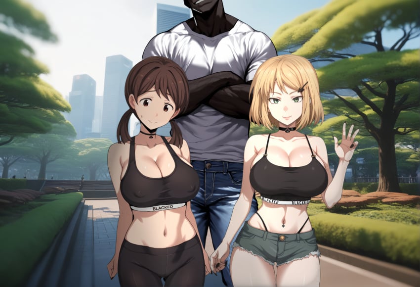 1boy 2girls ai_generated blacked_clothing dark-skinned_male interracial kaya_(terasu_mc) kokujin_no_tenkousei_ni_ane_o_ntr-ru large_breasts lizarb midriff nao_(terasu_mc) navel navel_piercing netorare queen_of_spades