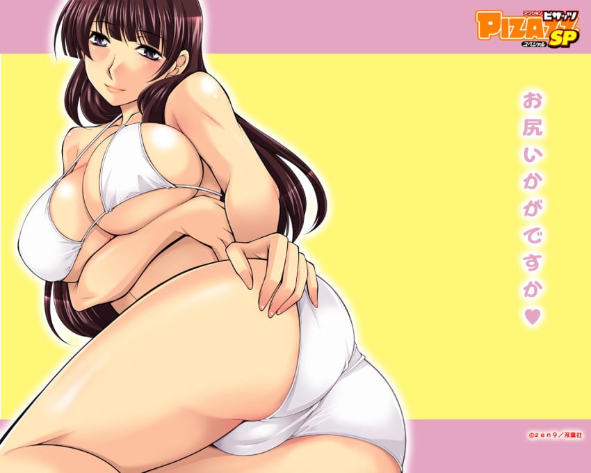 action_pizazz ass bangs bikini blunt_bangs breasts brown_hair cleavage dat_ass hime_cut long_hair swimsuit text translation_request wallpaper zen9