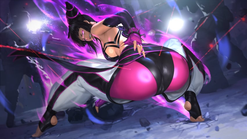 1girls 2023 aiming aiming_weapon anus_outline ass aura big_breasts black_hair breasts cameltoe capcom commission elbow_gloves feet fight fingerless_gloves gloves glowing_eyes grin gun hi_res juri_han laser laser_sight looking_at_viewer looking_back multiple_others painted_nails pink_eyes rifle sideboob sidelocks skintight smile smiling_at_viewer solo_focus spiked_bracelet street_fighter sunkeytail toeless_legwear weapon