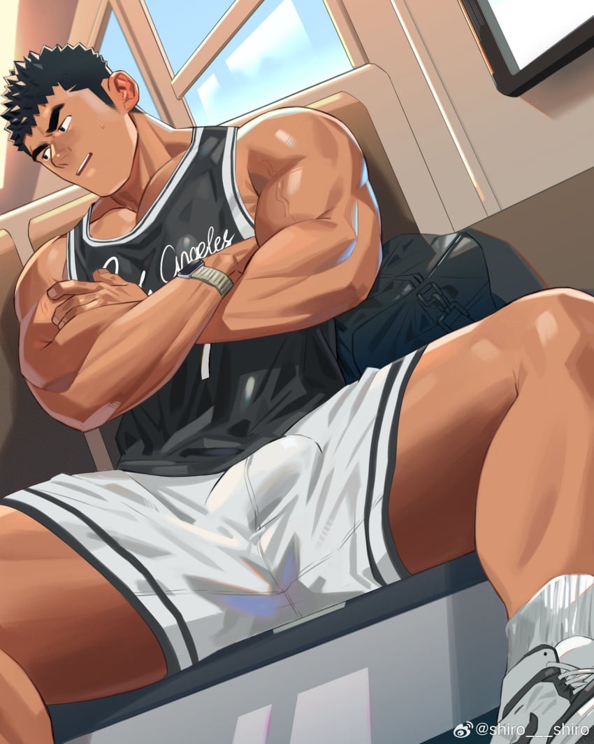 1boy bara bare_pectorals bulge large_pectorals male male_focus male_only muscular muscular_male original pectorals short_hair shorts sportswear thick_eyebrows yaoi youchi123