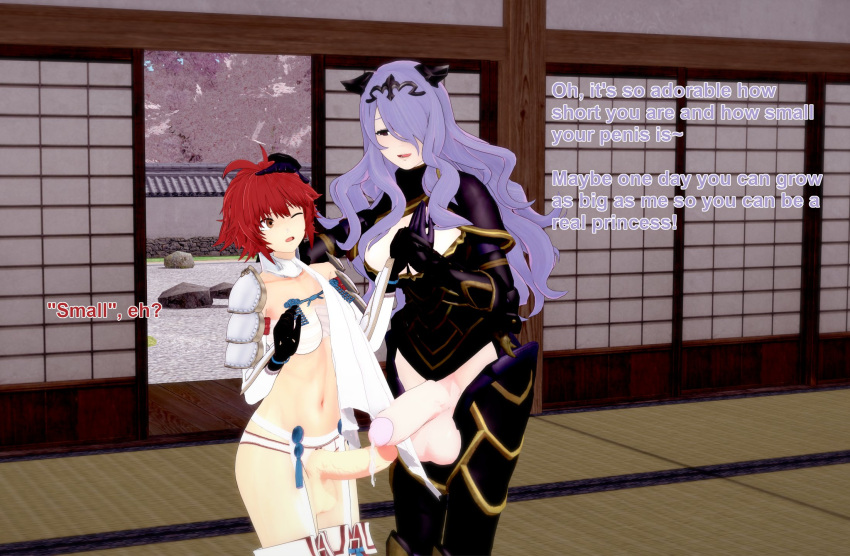 2futas 3d camilla_(fire_emblem) english_text female fire_emblem fire_emblem_fates futanari hinoka_(fire_emblem) large_penis nintendo penis penis_comparison purple_hair red_hair text underwear xavierhuge