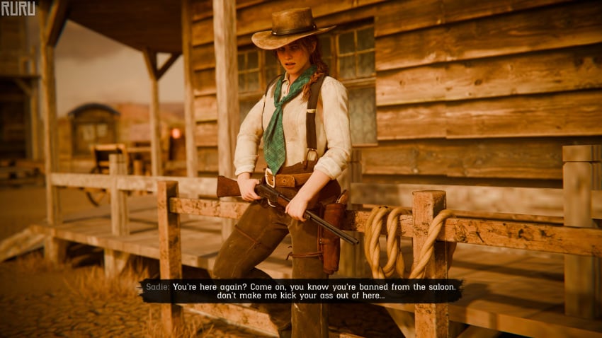 1girls 3d blonde_hair clothed comic dialogue english_text female gun red_dead_redemption_(series) red_dead_redemption_2 rockstar_games ruru3dx sadie_adler