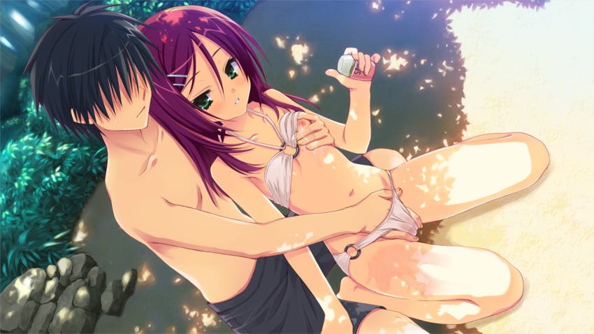 1boy areolae bare_shoulders barefoot bathing_suit bikini bikini_lift black_hair blush bottle breast breast_grab breasts chitose_haruki collarbone dutch_angle faceless faceless_male female fingering flat_chest from_behind game_cg green_eyes hair_between_eyes hair_ornament hairclip halter_top hand_in_another's_panties hand_in_panties hands holding karasuba_yukari kneeling kobuichi legs long_hair looking_at_viewer lotion muririn navel nipples o-ring_bottom o-ring_top one_breast_out outdoors panties parted_lips red_hair rock sand shade shirtless shy sweat swimsuit teacher_and_student tenshinranman thighs underwear white_bikini