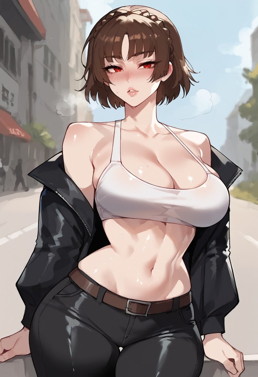 1girls ai_generated bare_shoulders big_breasts blush brown_hair clothed clothing color female female_focus female_only floppydisc hi_res large_breasts light-skinned_female light_skin looking_at_viewer makoto_niijima no_bra persona persona_5 red_eyes short_hair solo solo_female tagme thick_thighs