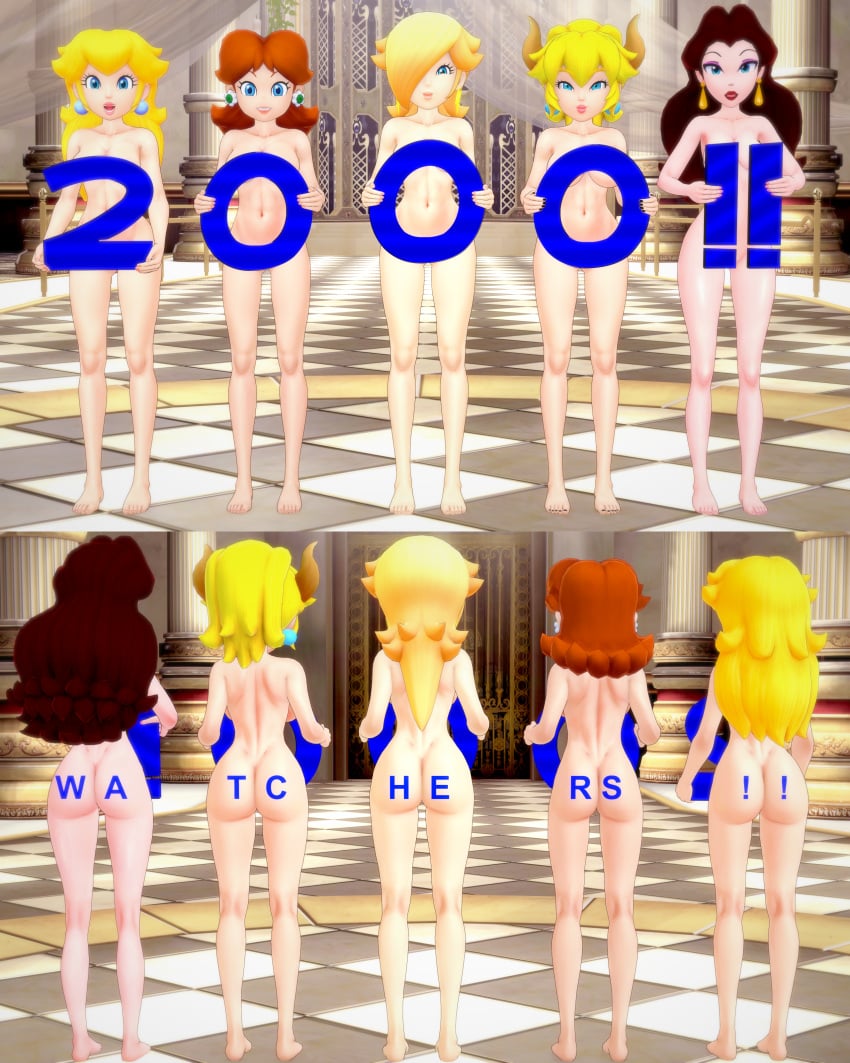 3d 3d_(artwork) 5girls ass ass_paint barefoot blonde_hair bowsette breasts brown_hair casual cleavage completely_nude completely_nude_female covering crown deviantart_watchers female female_only full_body hair_over_one_eye holding holding_object human long_hair mario_(series) medium_hair milestone_celebration multiple_girls naked naked_female navel nintendo nude nude_female nudist pauline princess_daisy princess_peach princess_rosalina retropunch tagme take_your_pick