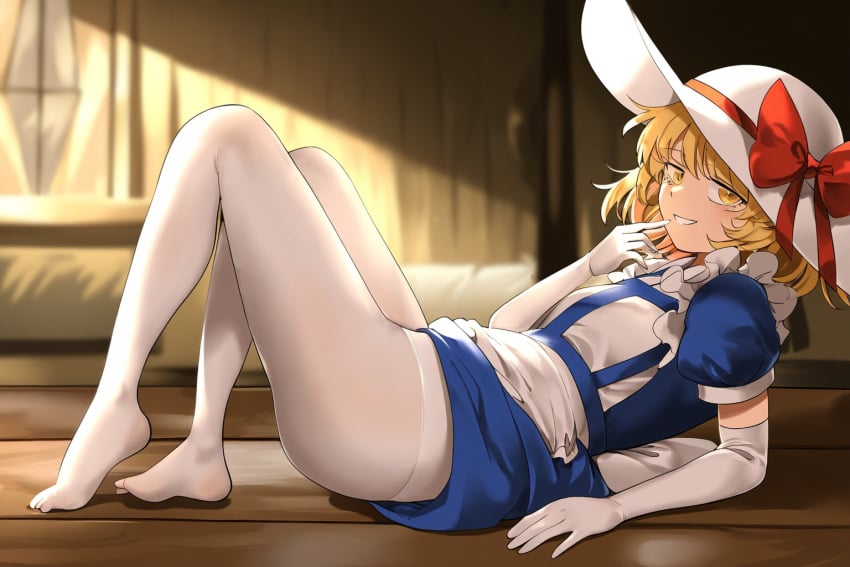 1girls ai_generated blonde_hair dress_lift elbow_gloves feet from_side grin hat_ribbon indoors kana_anaberal looking_at_viewer nai_diffusion naughty_face on_back on_floor on_side panties pantyhose red_bow see-through short_hair smile solo sun_hat thighs touhou touhou_(pc-98) white_gloves white_pantyhose yellow_eyes