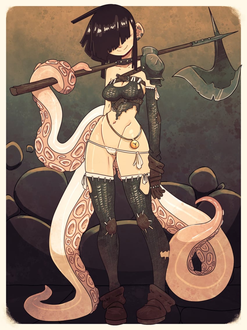 1girls axe battle_axe black_hair boots cameltoe cleric gloves hair_covering_eyes hair_over_eyes jack_cayless marcii no_sex panties pauldron short_hair small_breasts solo tagme tentacle thigh_highs thighhighs underwear vagina_visible_through_clothing weapon