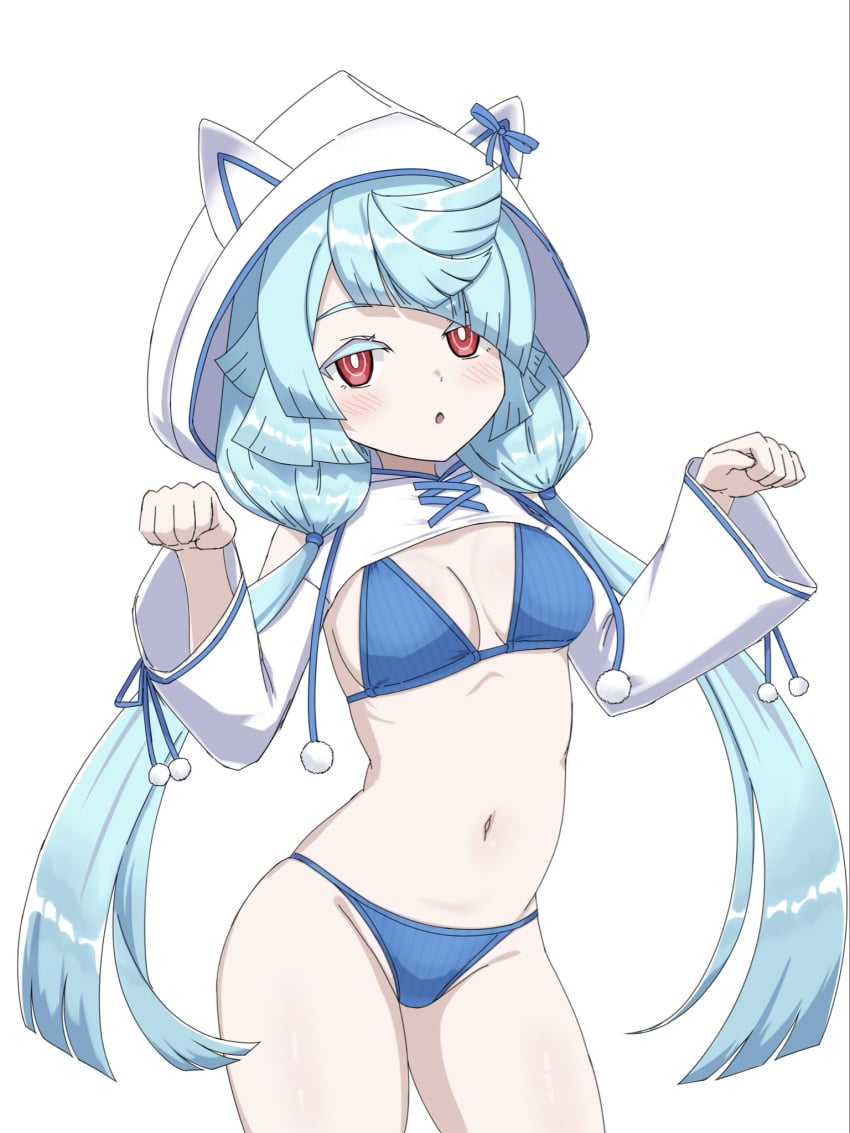 :o adamski_s-rank_space bikini blue_bikini blush cat_ear_hood cat_ears contrapposto cowboy_shot cute duel_masters duel_masters_play's expressionless gijinka hood hoodie humanization looking_at_viewer medium_breasts navel paw_pose