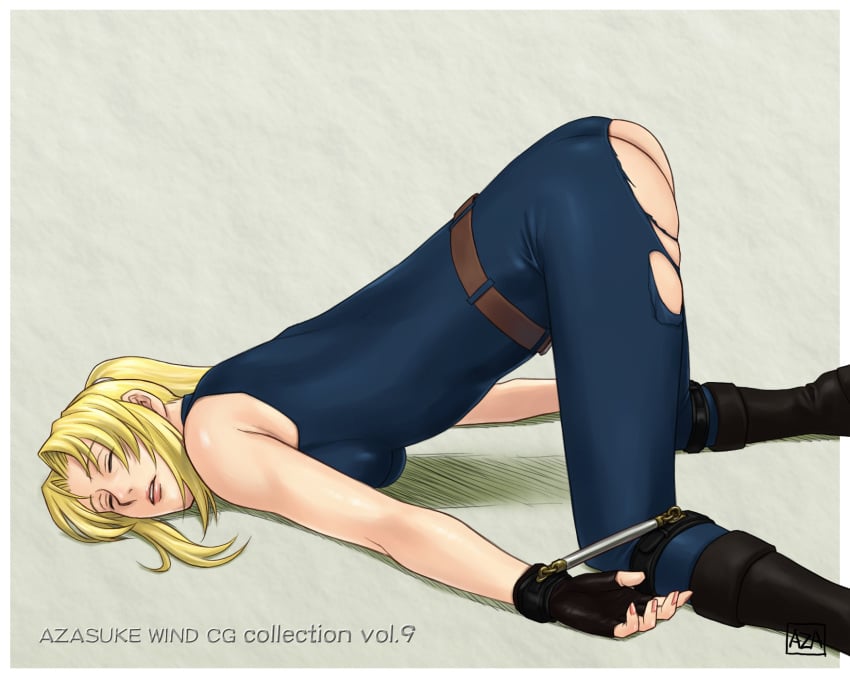 ass azasuke bare_shoulders belt blonde_hair bodysuit bondage boots bottomless closed_eyes female female_only fingerless_gloves gloves highres human long_hair nail_polish ponytail sarah_bryant skin_tight sleeping solo tied_hair top-down_bottom-up torn_clothes unconscious virtua_fighter