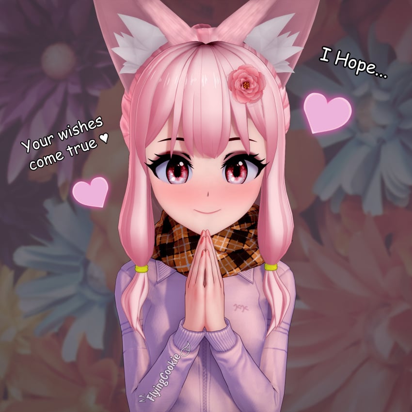 1girls 3d 3d_(artwork) 4k animal_ears anime_girl anime_style blush closed_mouth clothed clothed_female cute cute_face cute_female female female_focus female_only flower_in_hair flowers flyingcookie fox_ears fox_girl happy heart hearts kemonomimi koikatsu looking_at_viewer open_eyes original original_character petite petite_body petite_female pigtails pink_eyes pink_hair praying_hands rose_(flower) scarf self_upload sfw short_hair side_braid small_breasts smile text watermark wholesome