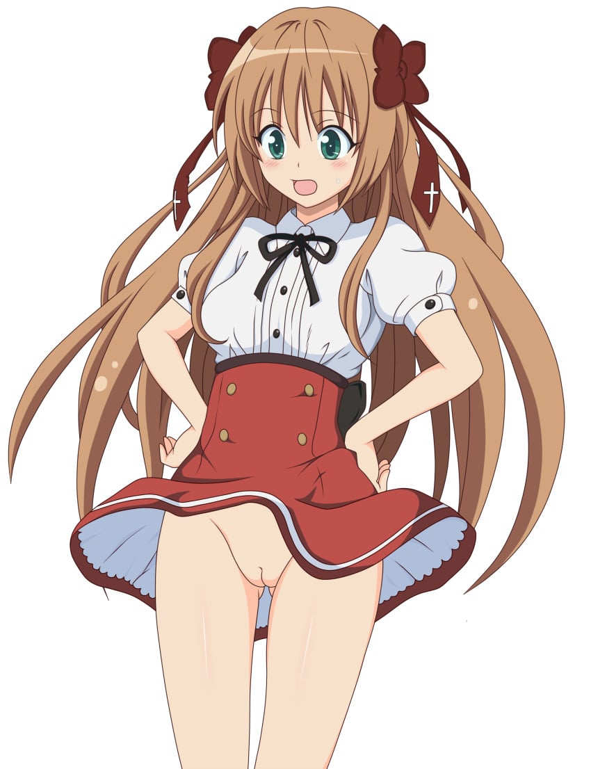 absurdres brown_hair female female_only highres human innie_pussy legs long_hair mayoi_neko_overrun! miniskirt nude_filter photoshop pussy school_uniform serizawa_fumino skirt solo thighs uncensored upskirt