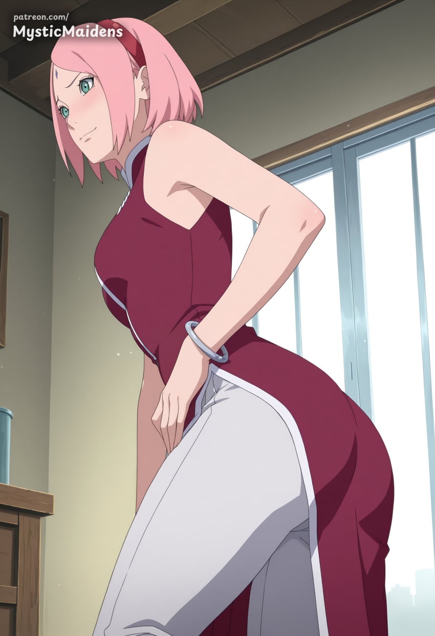 1girl ai_generated anime anime_style ass blush boruto boruto:_naruto_next_generations bracelet breasts closed_mouth facial_mark forehead_mark green_eyes hairband haruno_sakura hentai hi_res indoors jewelry medium_breasts mystic_maidens naruto naruto_(classic) naruto_(series) naruto_shippuden pants patreon patreon_username pink_hair red_dress red_hairband sakura_haruno short_hair sleeveless smile solo white_pants window