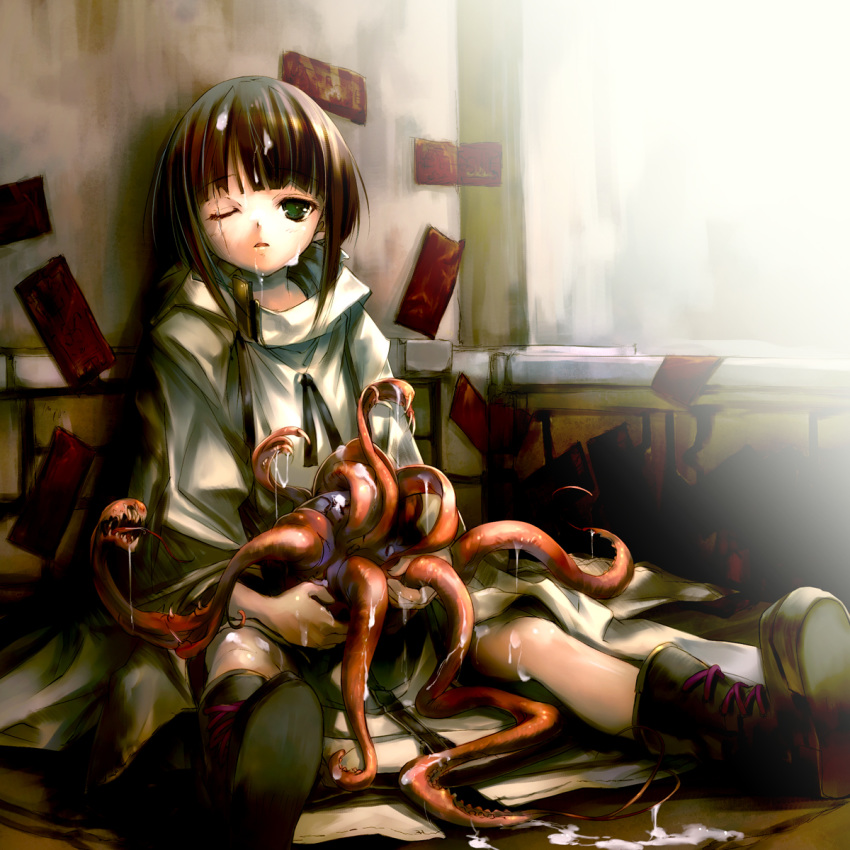 2009 bangs blunt_bangs boots brown_hair cape cum cum_on_hair expressionless female full_body green_eyes highres hitomaru indoors monster one-eyed open_mouth original room scar sitting solo spread_legs tentacle tentacle