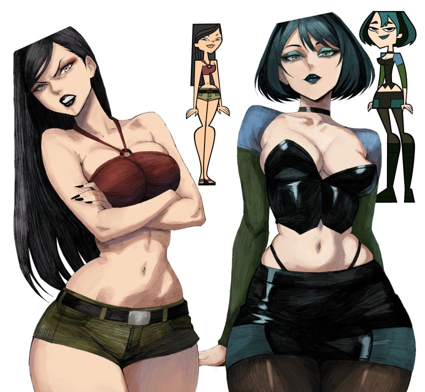2girls big_breasts black_hair black_legwear black_lipstick blue_eyes blue_hair blue_lipstick breasts cartoon_network choker cleavage clothed clothing collar crop_top denim denim_shorts duo female female_only goth goth_girl green_eyes gwen_(tdi) heather_(tdi) hex_mamaniac hourglass_figure huge_breasts large_breasts long_hair looking_at_viewer multicolored_hair navel pantyhose reference_image short_hair short_shorts short_skirt shorts skirt slim_waist thick thick_thighs thighs total_drama_island voluptuous voluptuous_female white_background wide_hips