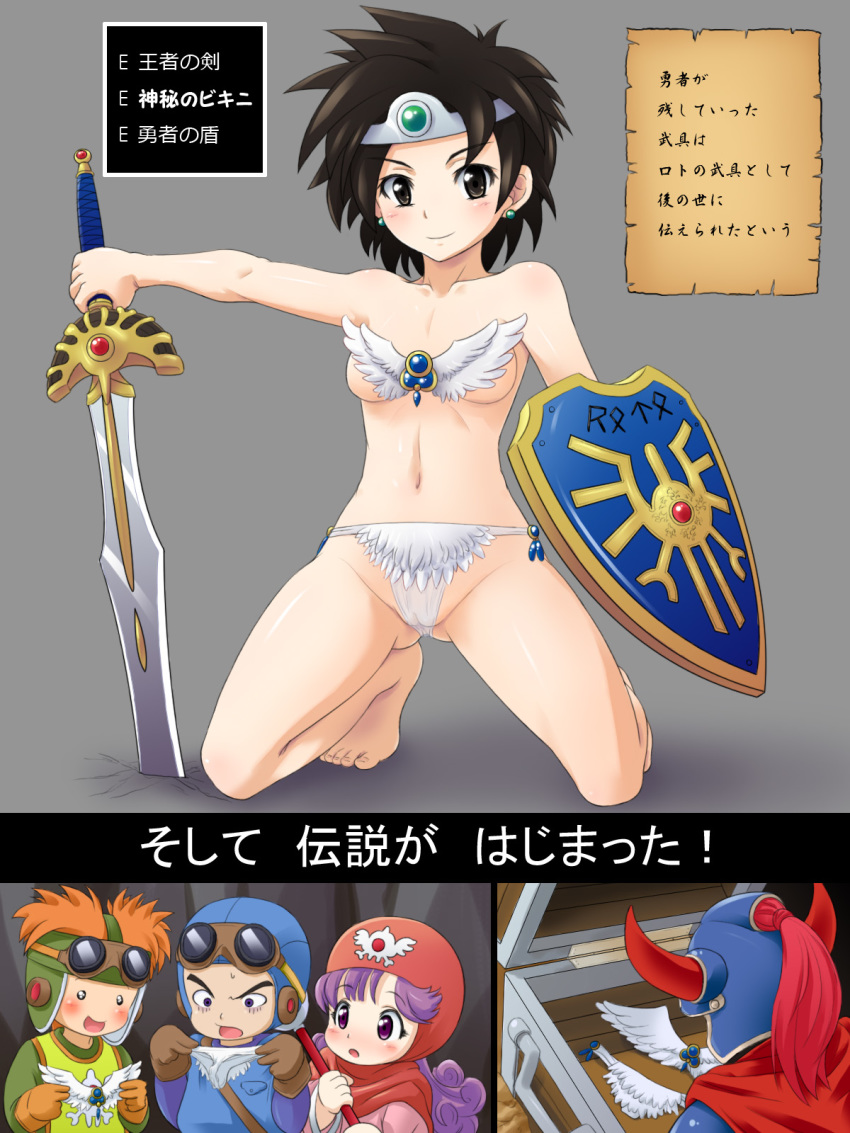 2girls 3boys barefoot black_hair blush breasts brown_eyes brown_hair cameltoe check_translation circlet comic dragon_quest dragon_quest_i dragon_quest_ii dragon_quest_iii earrings feathers feet gameplay_mechanics goggles goggles_on_head hero_(dq1) heroine_(dq3) highres japanese_text jewelry kneeling mameshiba mameshiba_(artist) multiple_boys multiple_girls navel orange_hair partially_translated prince_of_lorasia prince_of_samantoria princess_of_moonbrook purple_eyes purple_hair pussy roto see-through shield short_hair sideboob small_breasts square_enix swimsuit sword text toes translated translation_request uncensored underboob warrior weapon