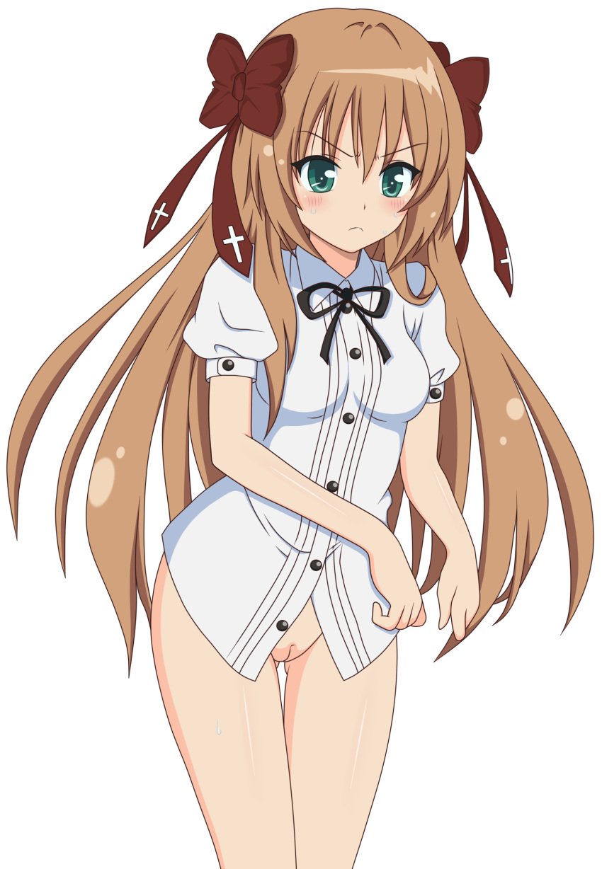 absurdres blush bottomless brown_hair female female_only green_eyes highres human legs mayoi_neko_overrun! no_panties nude_filter photoshop pussy serizawa_fumino solo thighs uncensored