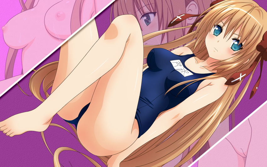 blush breasts brown_hair female female_only highres human long_hair mayoi_neko_overrun! nipples nude nude_filter photoshop pussy serizawa_fumino solo swimsuit uncensored wallpaper